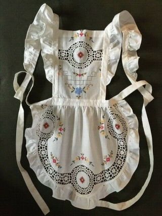 Vintage White Cotton Bib Apron With Embroidery