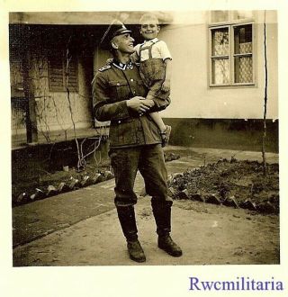 Rare Jovial German Elite Waffen Oberscharführer Posed Holding Young Boy