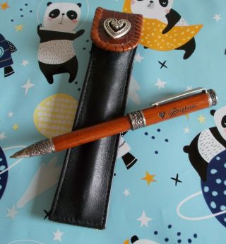 Brighton Collectables Wood & Pewter Pen W/ Leather Case