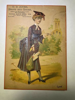 1880s O D Jones Shoes & Boots Trade Card Racine Wi Vintage Advertising
