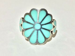 Vintage Sterling Silver Turquois Inlay Flower Design Ring - Sz.  5.  5