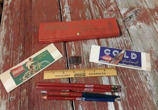 Rare Vintage Coca - Cola Pencil Box Set Ink Blotters,  Fountain Pen,  Rule