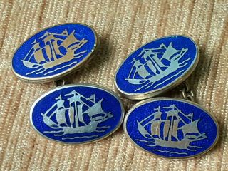 Vintage Enamel Blue Peter Sailing Ship Nautical Navy Cuff Links Signed M P