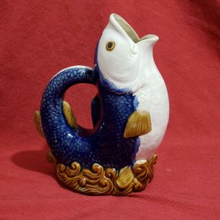 Vtg Majolica Style Heavy Glazed Ceramic Fish Vase Pitcher Multicolor 8,  5 " H