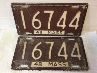 Rare Matched Pair Vintage 1948 Massachusetts License Plates 16744 Mass 48