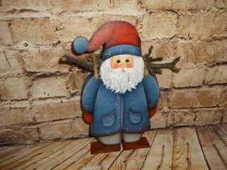 Vintage Hand Painted Standing Santa Claus 11 " Wood Wooden Cut Out Blue Jacket
