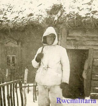Great Wehrmacht Soldier In Full Snow Camo In Russian Winter By House