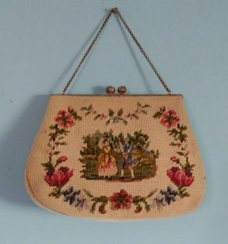 Vintage Victorian Couple Floral Needlepoint Tapestry Purse Hand Bag Clutch