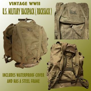 Vintage Ww11 Us Military Backpack (rucksack) With Steel Frame & Waterproof Cover