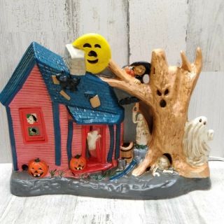 Vintage Halloween Ceramic Lighted Haunted House Ghost Witch Pumpkins Skeletons