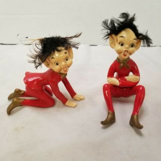 Vintage Christmas Ceramic Red Elves Pixies Made In Japan Set Of 2 Ornaments