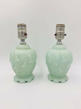 Antique Celadon Green Bedside Boudoir Lamps Reverse Painted Glass.  Set Of 2