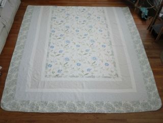 Vintage Blue Floral Embroidery White Cotton Quilt California King Sz 102 " X 115 "