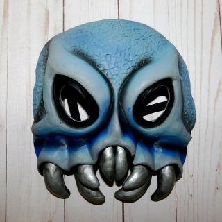 Creepy Vintage Rubber Halloween Mask For Adult Blue Silver Fangs Slanted Eyes