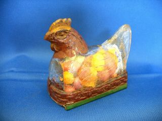 Antique Clear Glass & Tin Toy Chicken On Sagging Basket Candy Container,  1905