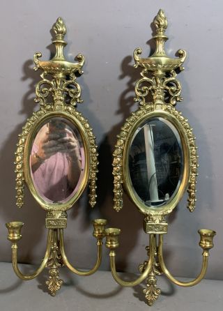 (2) Vintage French Louis Xvi Style Brass Bevel Mirror Old Candle Wall Sconces