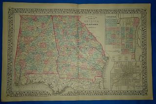 Vintage 1880 Map Alabama - Georgia - Atlanta Old Antique Atlas Map