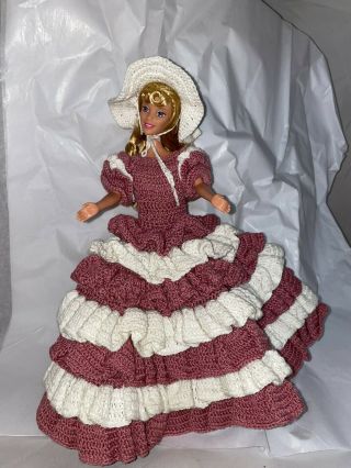 Vintage 12” Barbie Doll Hand Crocheted Dress & Hat Bloomers Southern Belle
