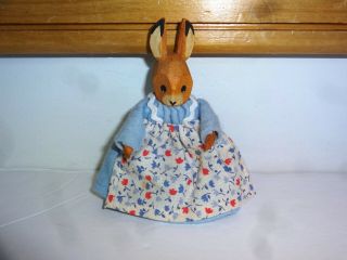 Vintage Carved Wood Bunny Rabbit Felt Cotton Dress Estate Find