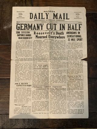 Wwii Ww2 Manilla Daily Mail April 14,  1945 Orig.  Death Of Roosevelt Auschwitz