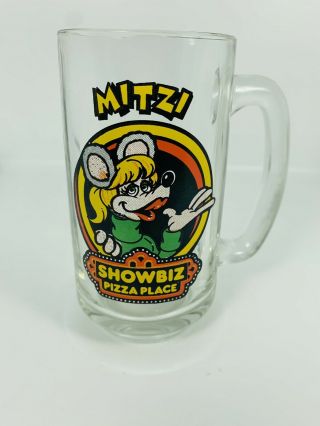 Vintage Mitzi Show Biz Pizza Place Glass Cup Beer Stein Mug W/ Handle 1980s Euc