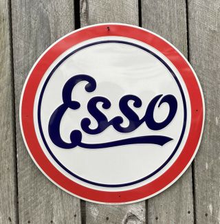 Esso Gasoline Gas Oil 24 " Large Embossed Round Metal Tin Sign Vintage Garage