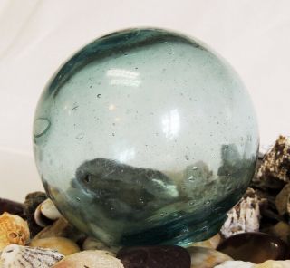 Vtg 13 " In Circumference Japanese Glass Fishing Float Aqua Blue & Bubbles (71)