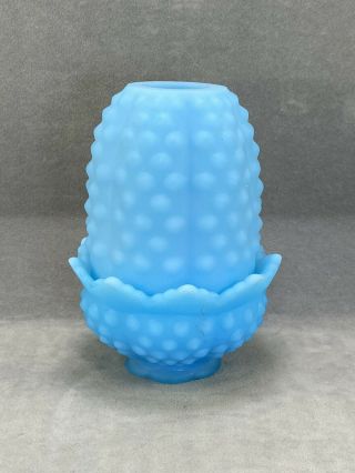 Vintage Fenton Satin Blue Hobnail Fairy Lamp Light 4.  5 " Tall