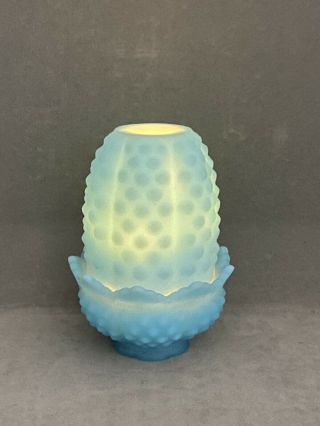 Vintage Fenton Satin Blue Hobnail Fairy Lamp Light 4.  5 