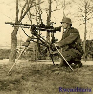 Deadly Helmeted Wehrmacht Gunner W/ His Mg - 34 Machine Gun Set Up