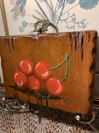 Primitive Folk Art Hand Painted Cherries Wall Plaque Hanging On Vintage Wood
