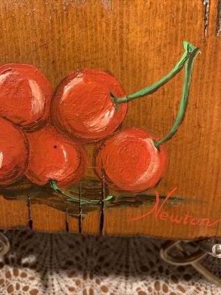 Primitive Folk Art Hand Painted Cherries Wall Plaque Hanging On Vintage Wood 2