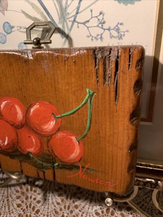 Primitive Folk Art Hand Painted Cherries Wall Plaque Hanging On Vintage Wood 3