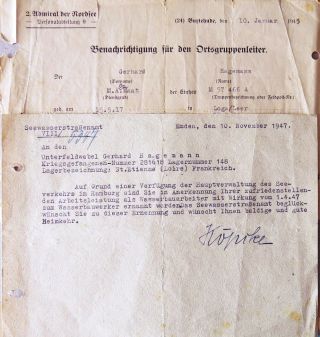 German Ww 2 Document - Missing Soldier - Admiral Of The North Sea January 1945