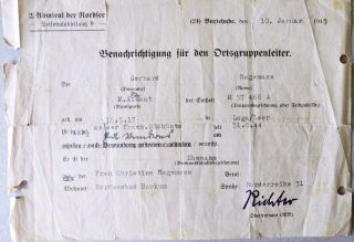 German WW 2 document - missing soldier - Admiral of the North Sea January 1945 2