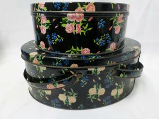 Set Of 2 Vintage Black Floral Metal Sewing Tins 1 Oval With Handles 1 Round