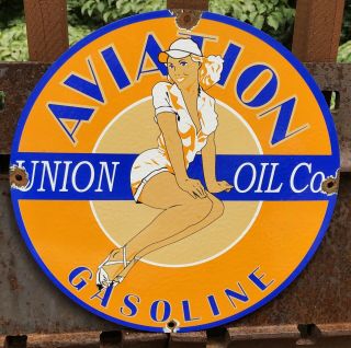 Vintage Union Oil Company Aviation Gasoline Porcelain Gas Station Sign