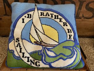 Vintage Completed Needlepoint Pillow Sailboat I 