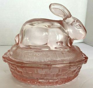 Vintage Pink Glass Bunny Candy Dish With Lid Vintage D152