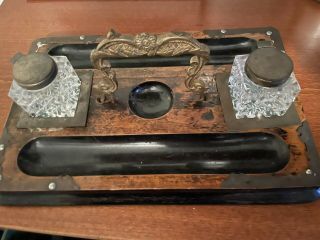 Vintage Antique Wood Glass Double Inkwell And Pen Tray Desktop Storage