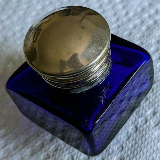Antique 1.  75 In.  Square Cobalt Blue Glass Inkwell Silver Plated Hinged Brass Cap