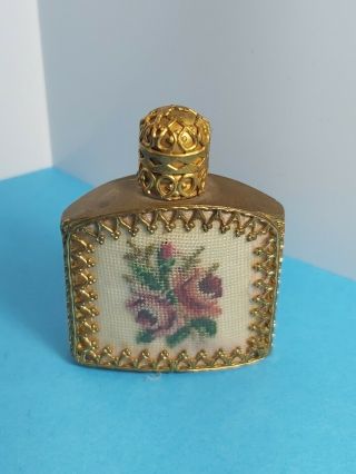 Antique Vintage Perfume Scent Bottle Petit Point Tapestry Gold Tone Filigree