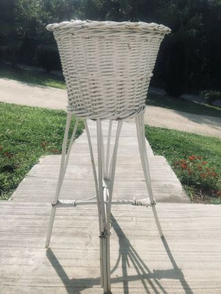 Vintage Wicker Basket Planter Stand 26.  5” Tall