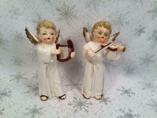 Set Of 2 Vintage Homco Angels Christmas Figurines With Harp And Violin