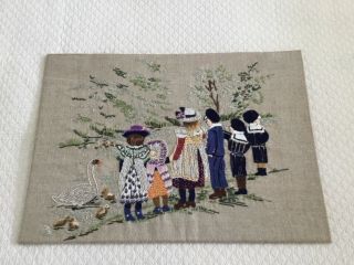 Vintage Hand Embroidered Picture Panel Pond Swan Cygnets Children 16 " X 11 "