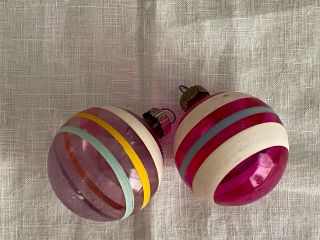 2 Vintage Shiny Brite Mica Stripe Unsilvered Glass Christmas Tree Ornament Bulb