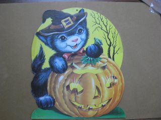 Vtg Halloween Wall Decoration Diecut Black Cat W Witch Hat Jack O Lantern Jol