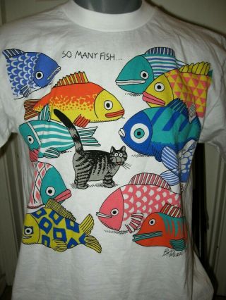 Vintage Kliban Cat Many Fish Crazy Shirt Hawaii Med Single Stitch 2 Side Shirt