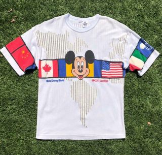 Vtg 80s Walt Disney World Epcot Center Mickey All Over Print Puff Flag T Shirt L
