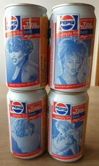 Soda Pepsi Cola Can From Germany.  Tina Turner Complete Set.  Rare 4 Cans